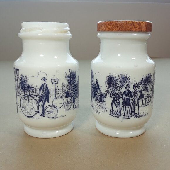 2 Vintage Milk Glass Belgium Mustard Jars with Victorian scenes, penny farthing - Picture 1 of 4